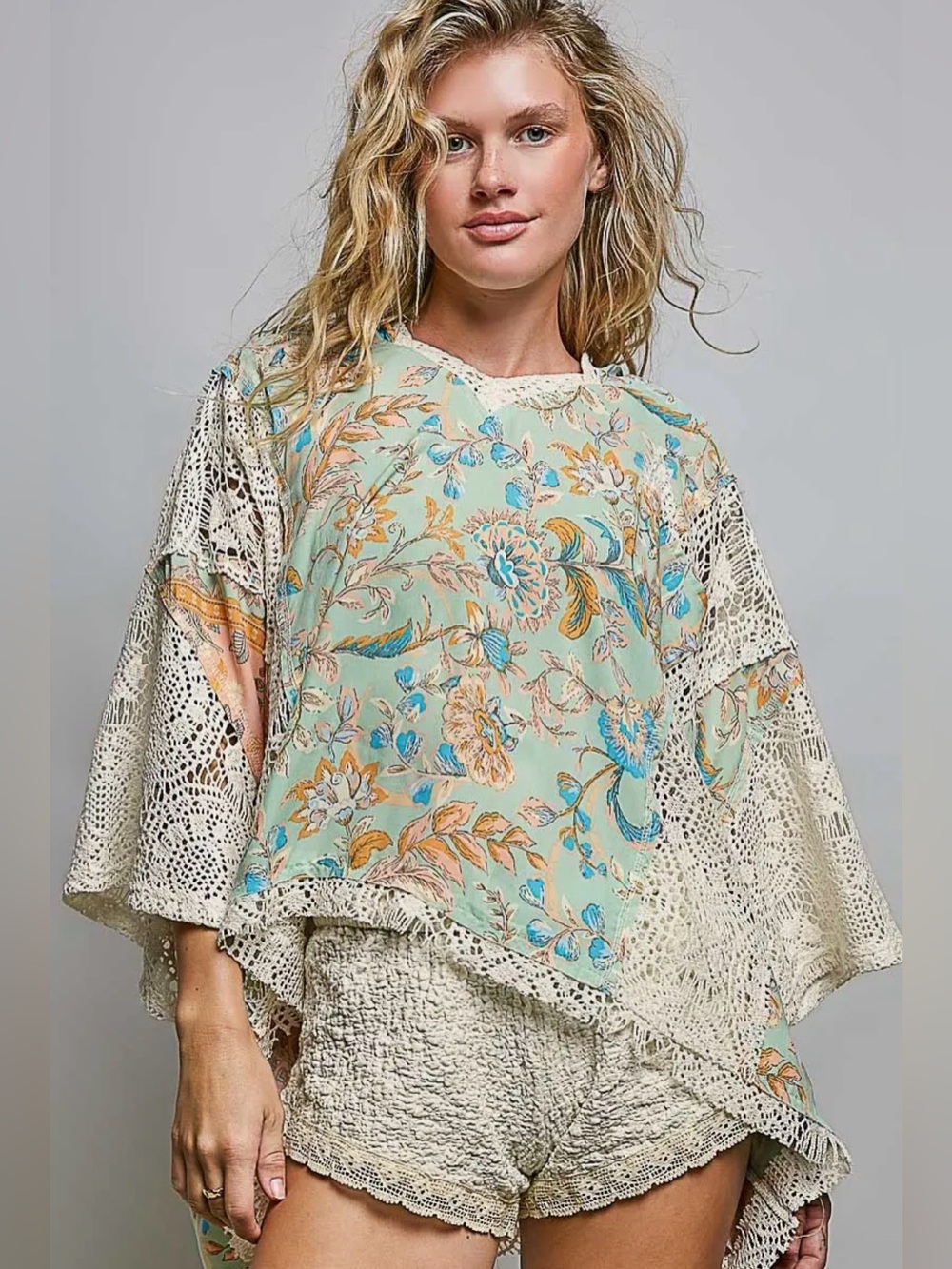 POL lace crochet tapestry patchwork floral hoodie pullover tunic top blouse